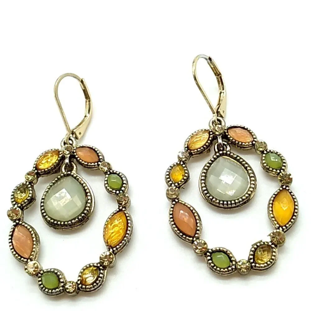 Faceted Oval Jeweled Leverback Earrings w Drop Teardrop Center